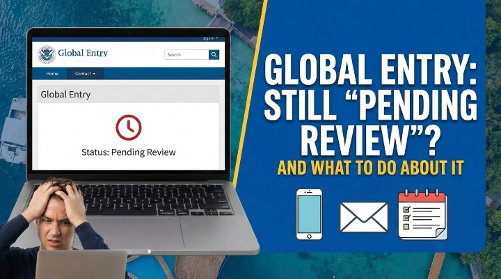 Global Entry application showing 'Pending Review' status with calendar and clock indicating waiting time